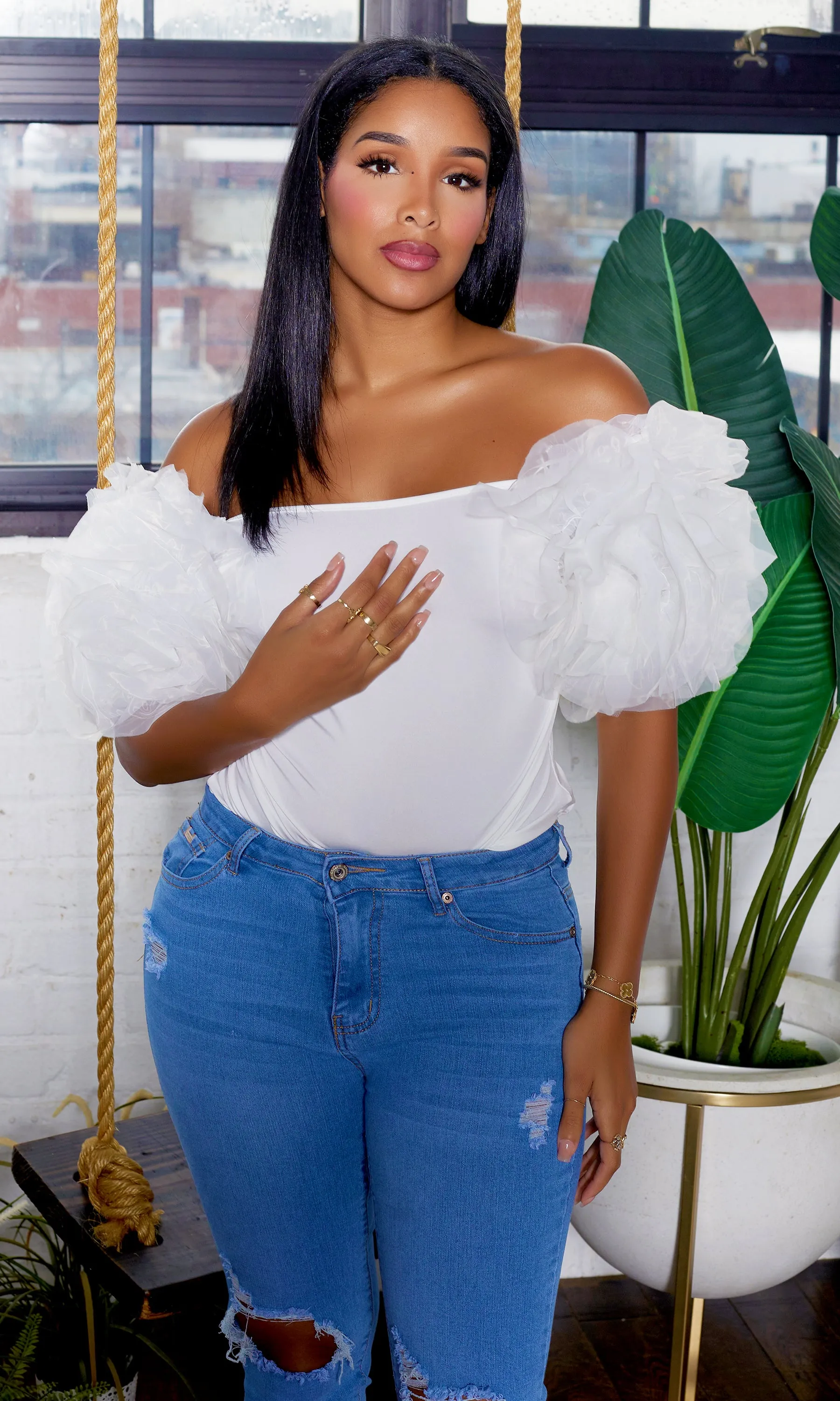 Ruffle Sleeve Tulle Bodysuit - White FINAL SALE