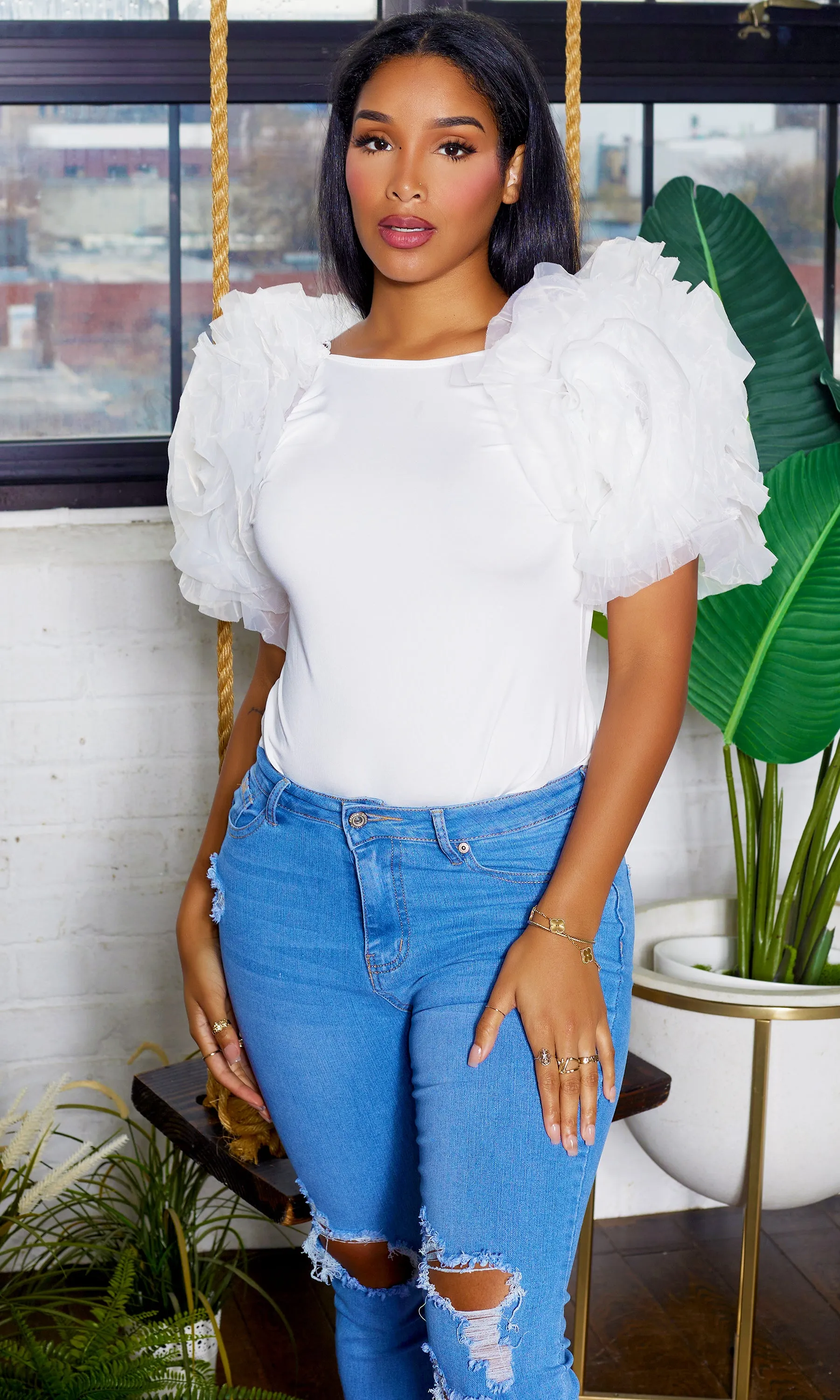 Ruffle Sleeve Tulle Bodysuit - White FINAL SALE