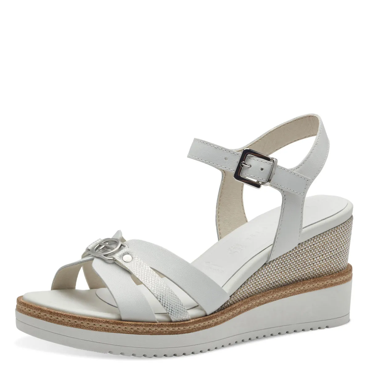 Tamaris White Leather Wedge Sandals with Silver Buckle