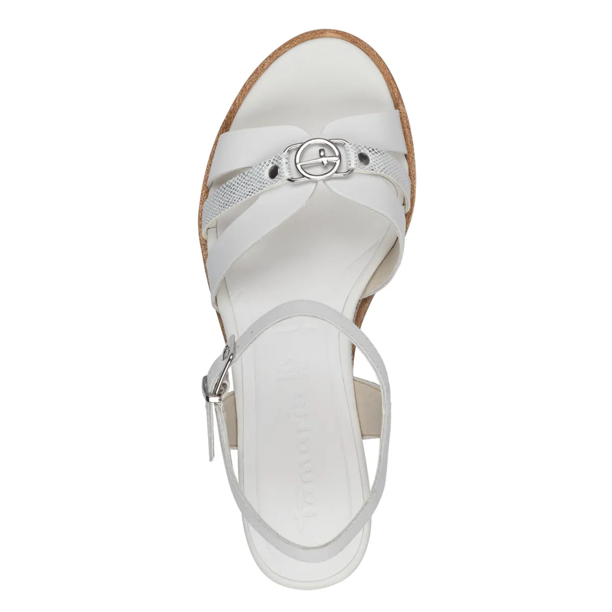 Tamaris White Leather Wedge Sandals with Silver Buckle