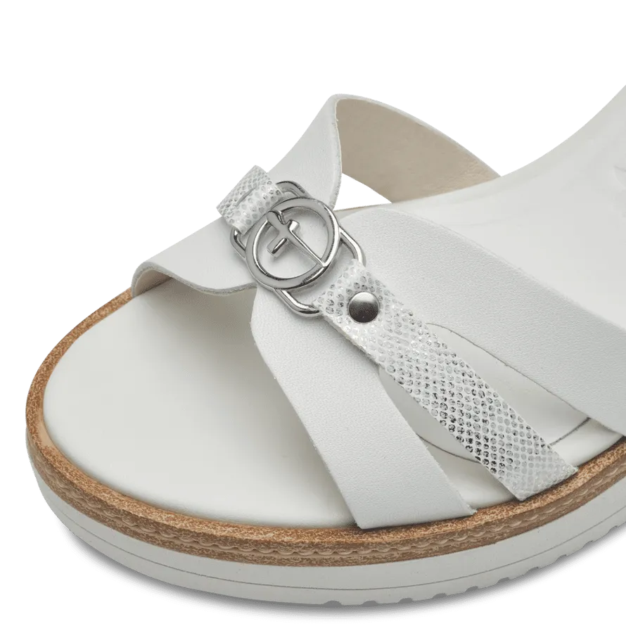 Tamaris White Leather Wedge Sandals with Silver Buckle