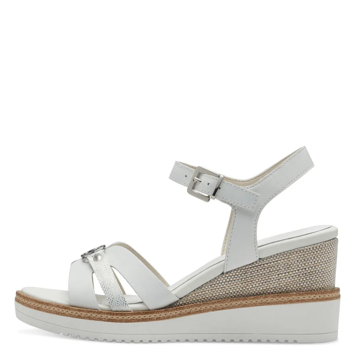 Tamaris White Leather Wedge Sandals with Silver Buckle