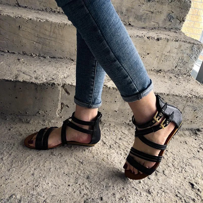 Women bohemian woven strap back zipper flat sandals