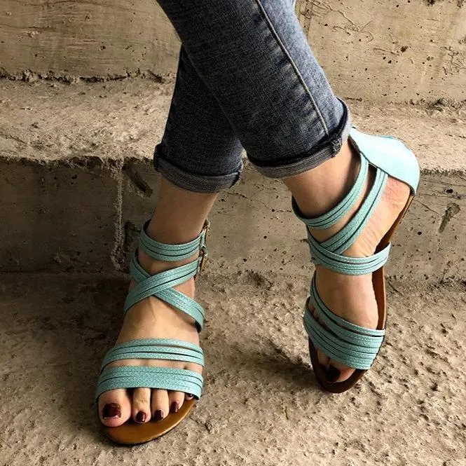 Women bohemian woven strap back zipper flat sandals