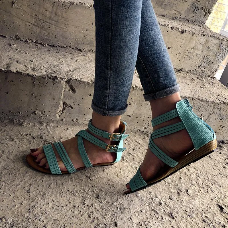 Women bohemian woven strap back zipper flat sandals