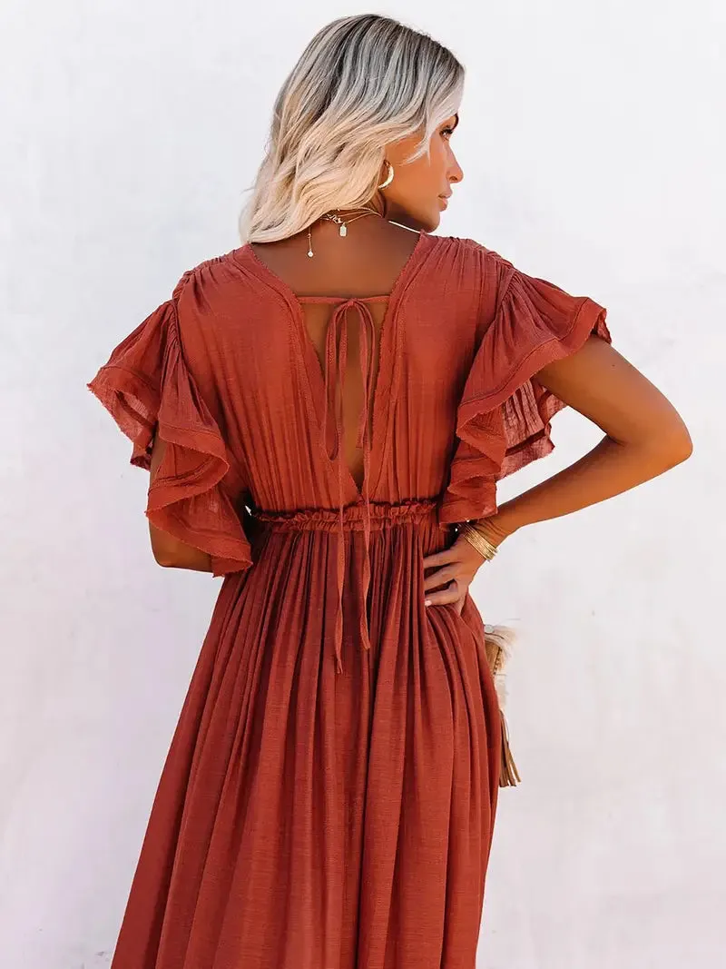 Women's Plunging Neckline Drawstring Cover Up Maxi Dress / Rust