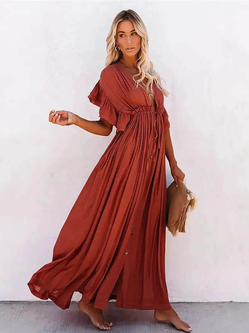 Women's Plunging Neckline Drawstring Cover Up Maxi Dress / Rust