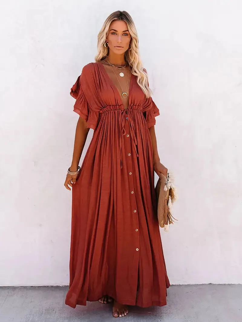 Women's Plunging Neckline Drawstring Cover Up Maxi Dress / Rust