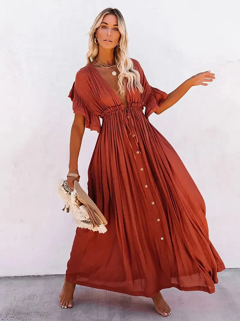 Women's Plunging Neckline Drawstring Cover Up Maxi Dress / Rust